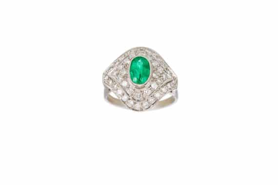 Platinum emerald and diamond ring